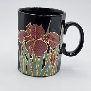 Vintage Otagiri Red Iris Flowers Coffee Tea Mug Cup Black Gold Trim Floral Retro